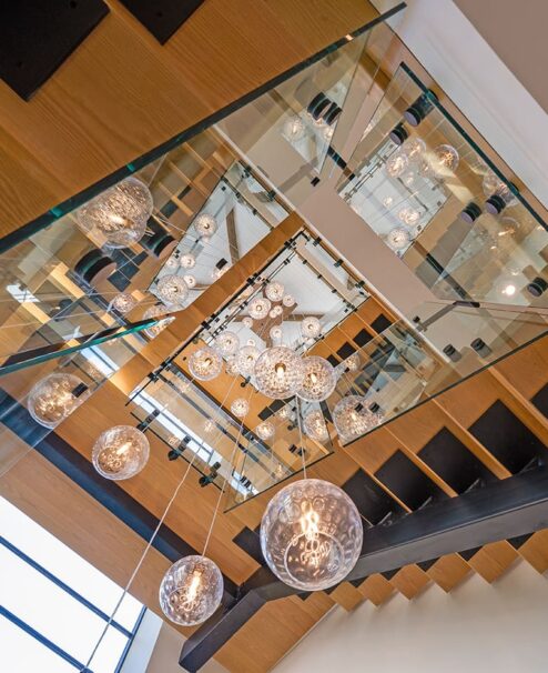 Globe Chandelier through stairwell